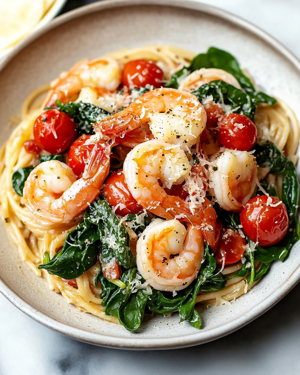 Tomato Spinach Shrimp Pasta