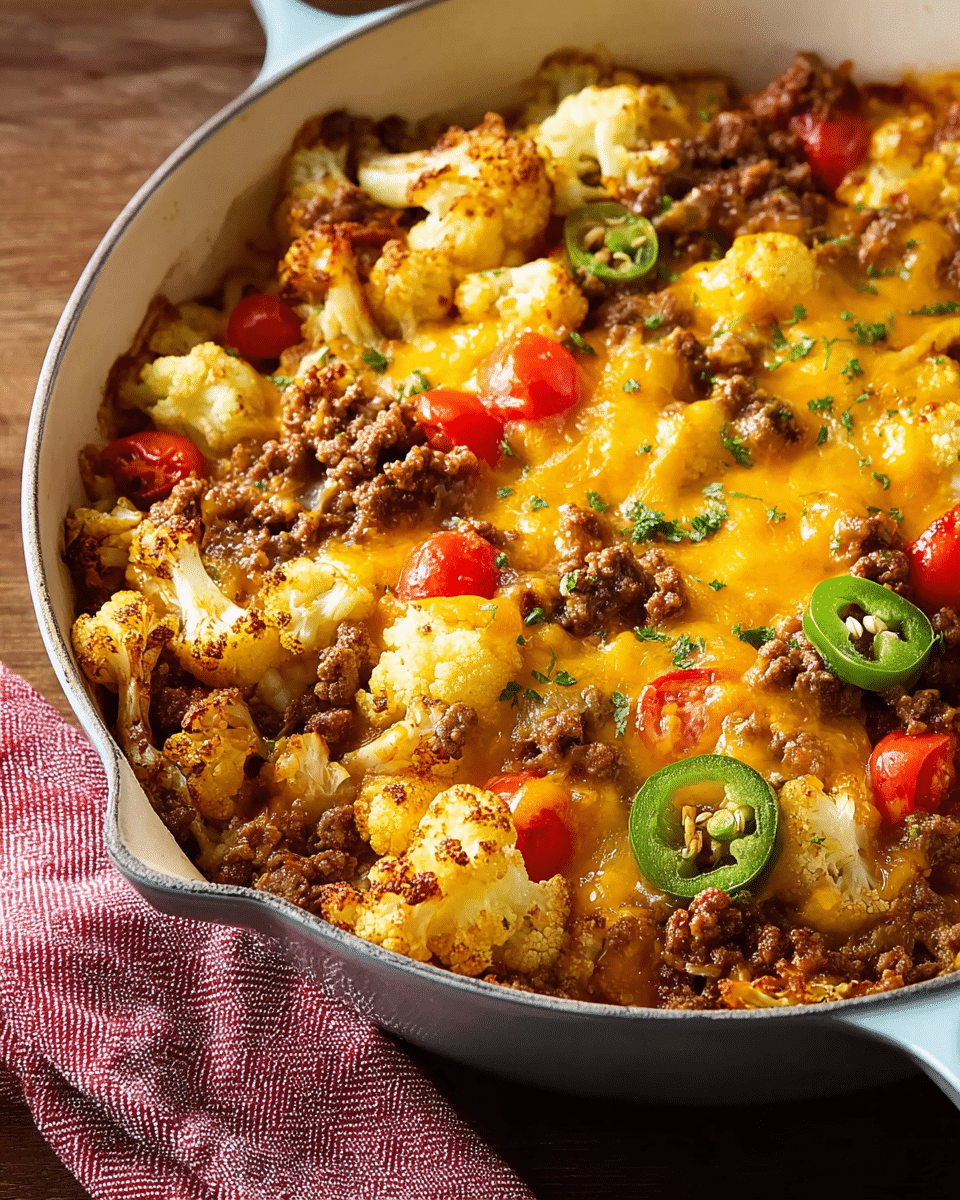 Cheesy Ground Beef Cauliflower Casserole