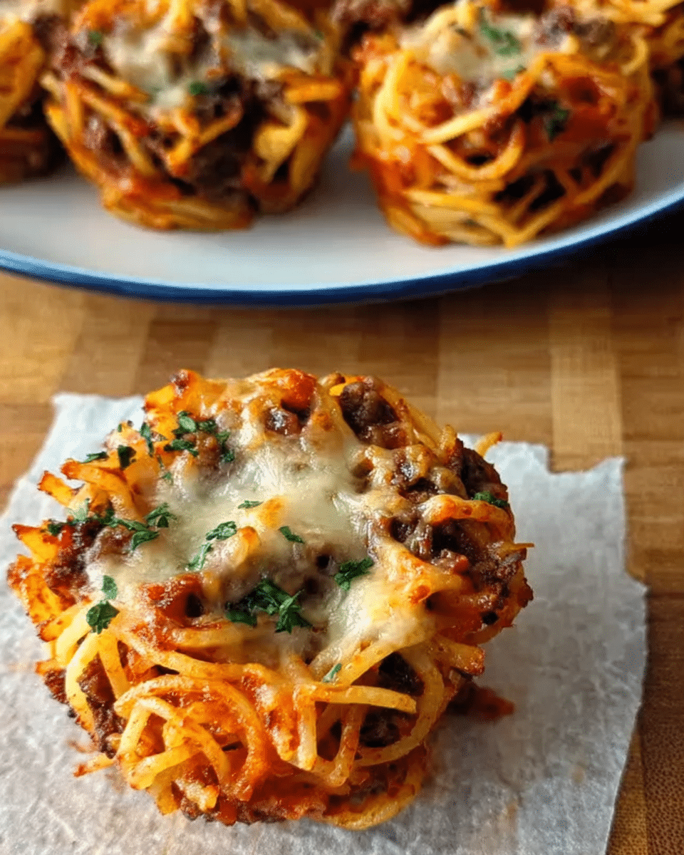 Muffin Tin Spaghetti Nests Using Leftover Pasta