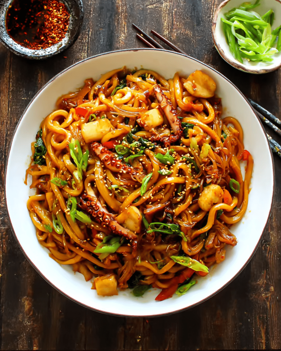 Spicy Stir-Fried Udon with Squid and Octopus