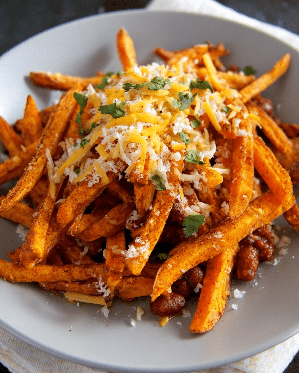 Sweet Potato Fries with Chili and Cheese