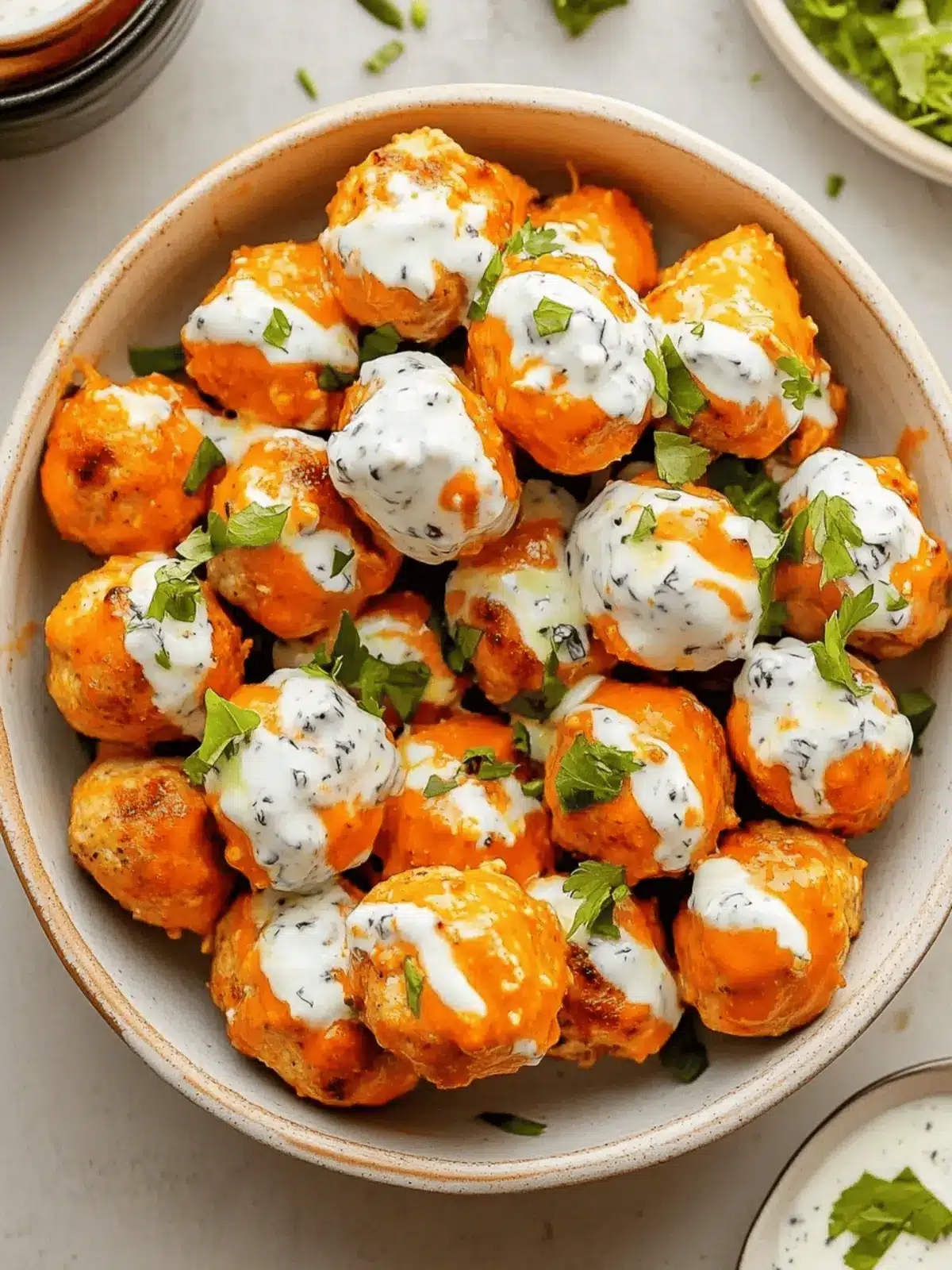Buffalo Chicken Meatballs with Bleu Cheese Yogurt Dip