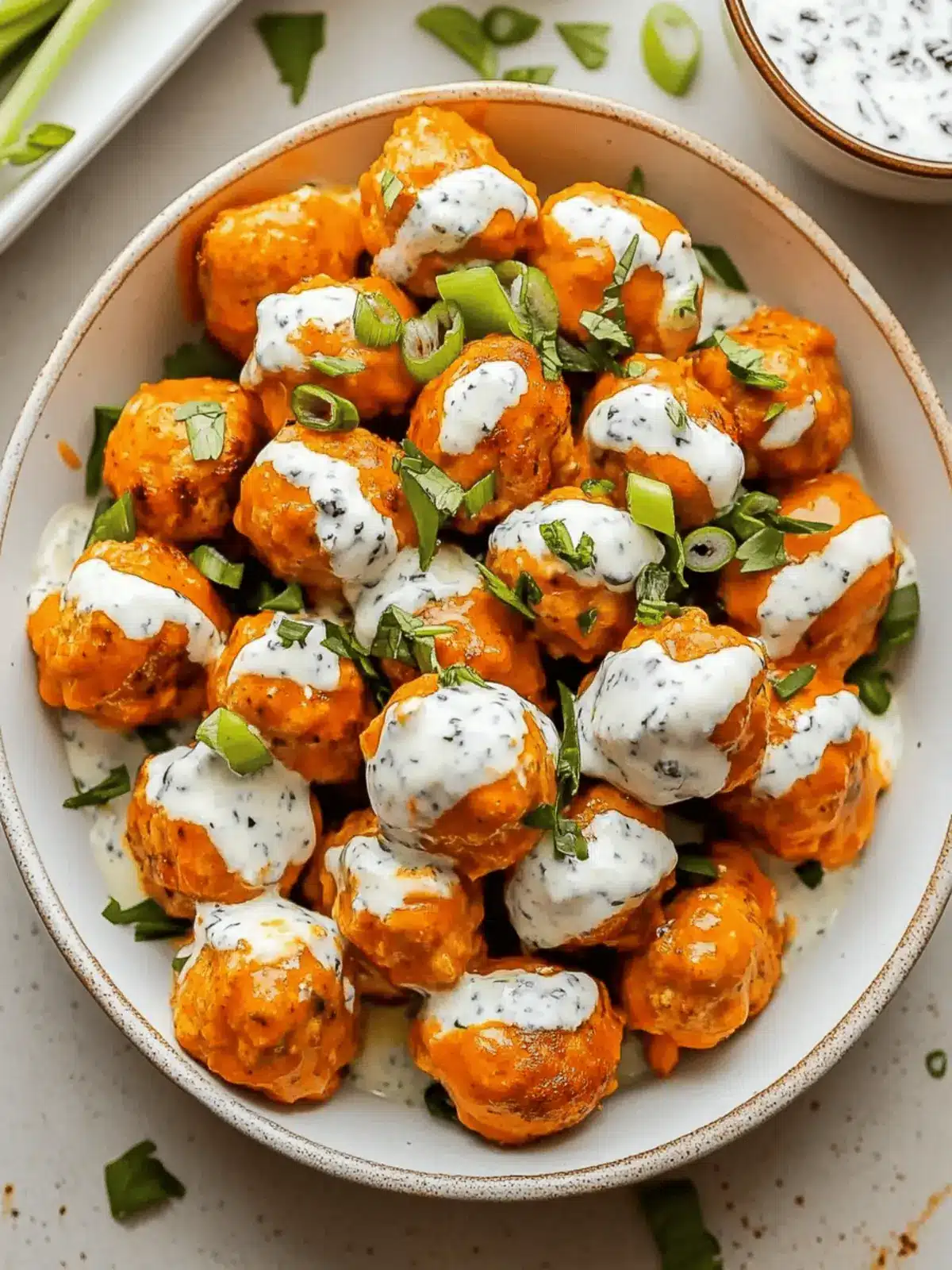 Buffalo Chicken Meatballs with Bleu Cheese Yogurt Dip
