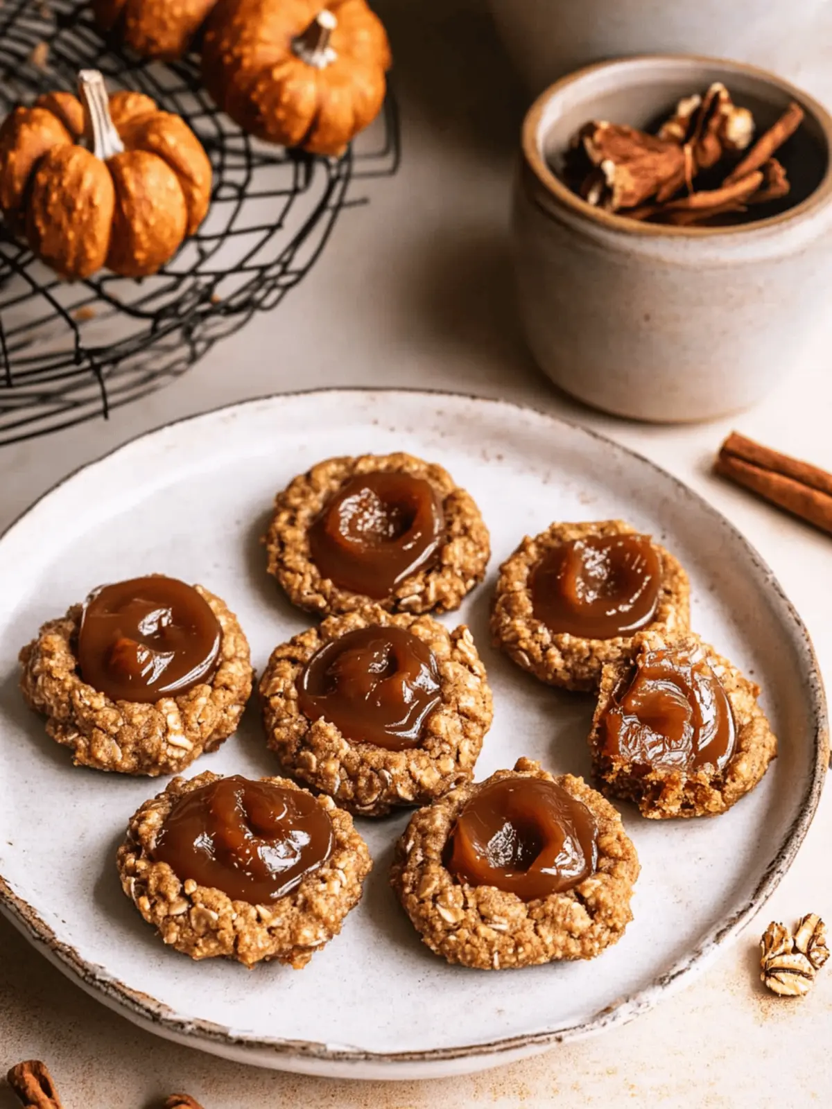 Pumpkin Spice Oatmeal Thumbprint Cookies with Date Caramel