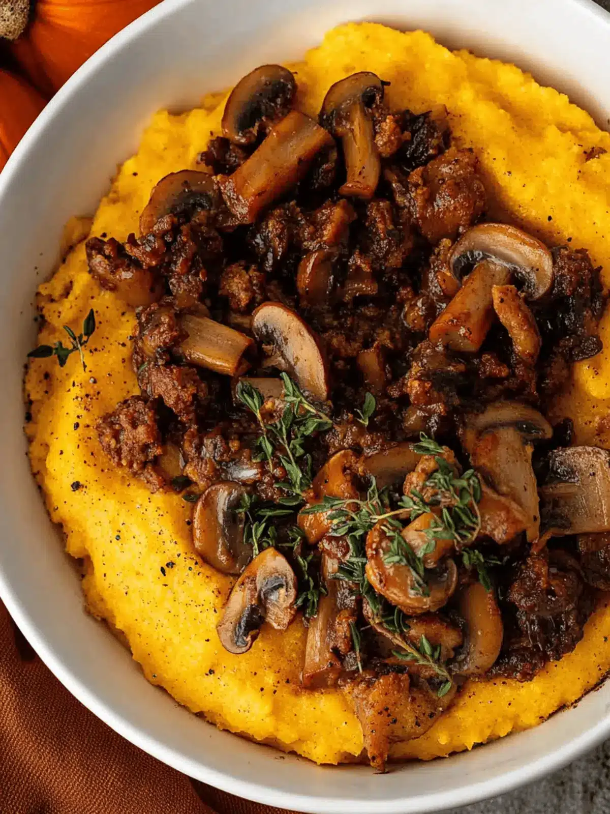 Pumpkin Polenta with Mushrooms and Sausage