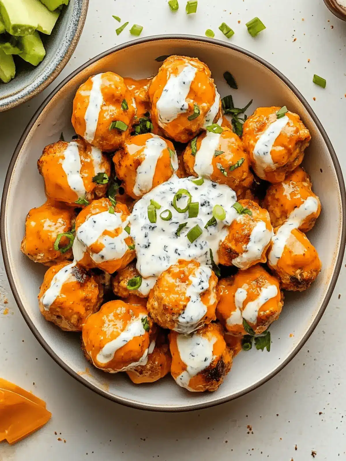 Buffalo Chicken Meatballs with Bleu Cheese Yogurt Dip