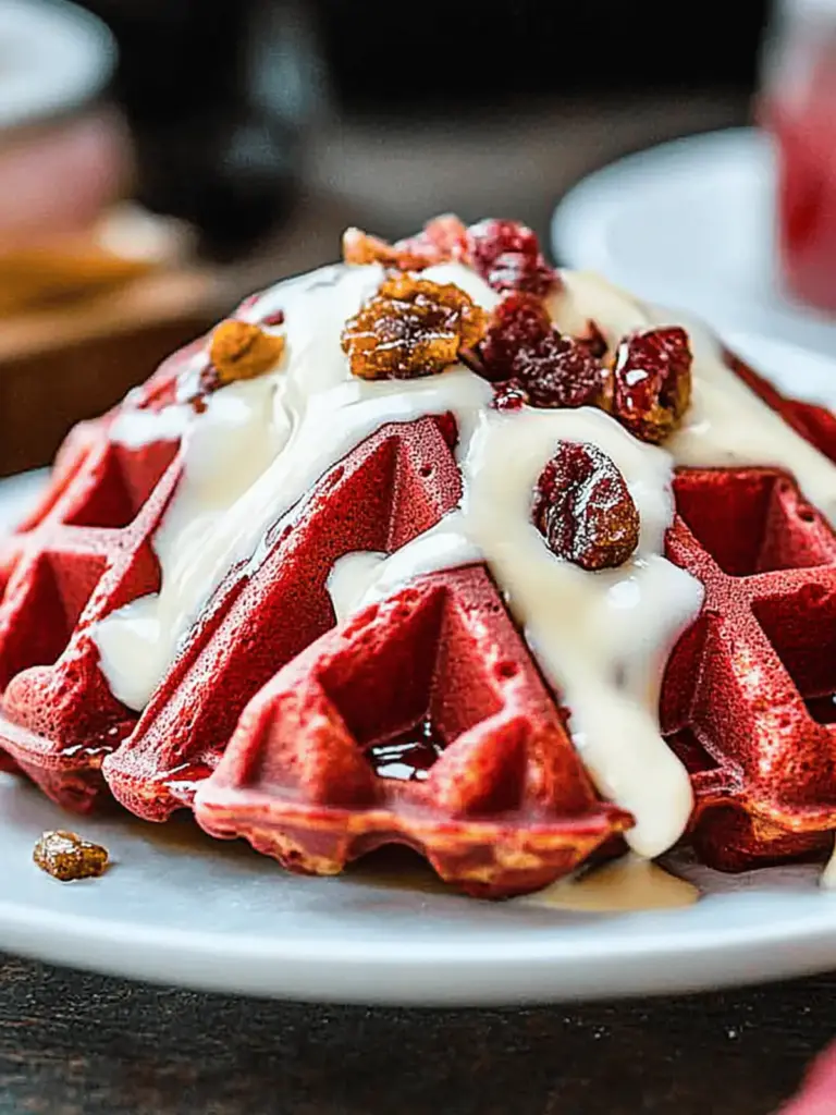 Red Velvet Waffles with Cream Cheese Glaze