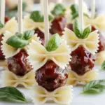 Bowtie Pasta and Cocktail Meatball Skewers