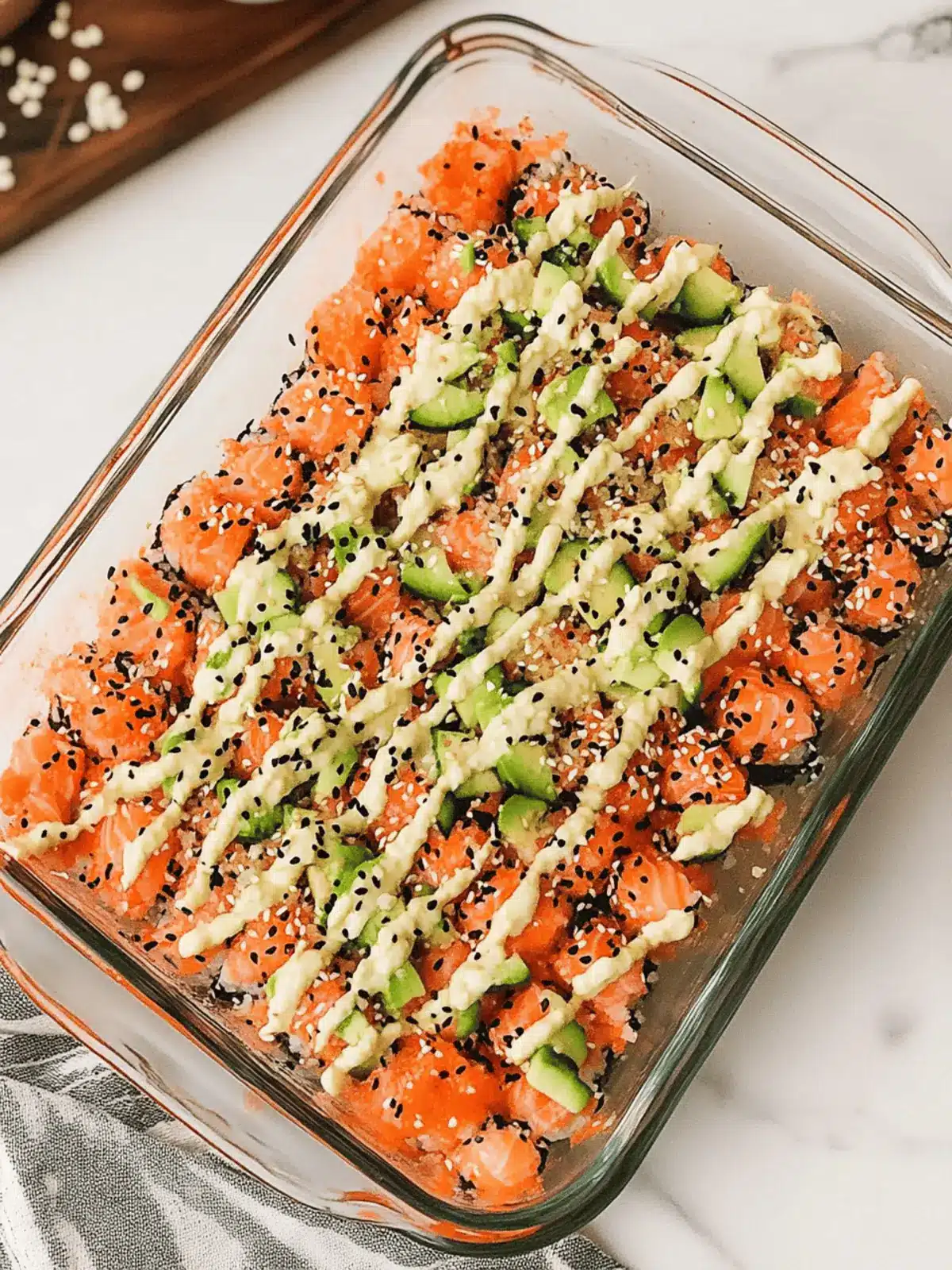 Salmon Sushi Bake with Creamy Spicy Mayo