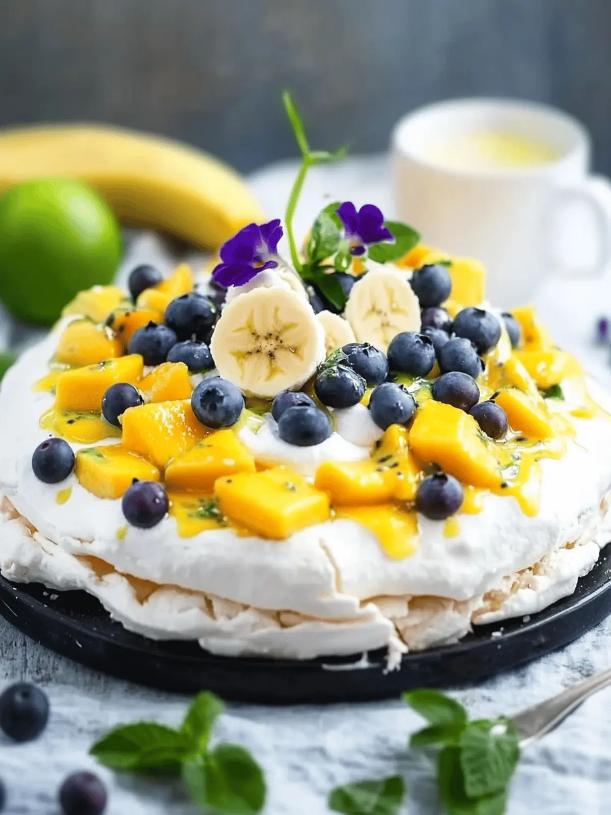 Delicious Pavlova with Mango Cream, Blueberries and Banana Bliss 4 Pavlova with mango cream, blueberries and banana