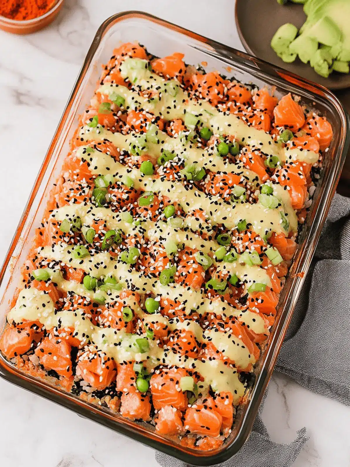 Salmon Sushi Bake with Creamy Spicy Mayo