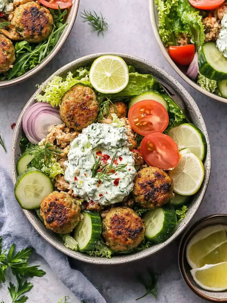 Greek Chicken Meatball Bowls with Tzatziki