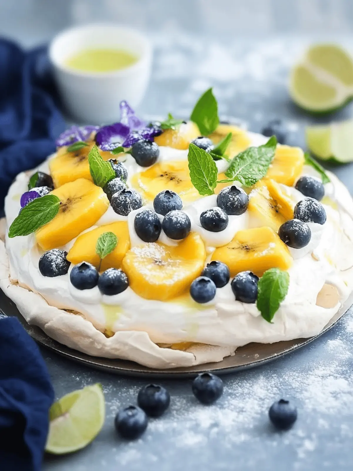 Delicious Pavlova with Mango Cream, Blueberries and Banana Bliss 2 Pavlova with mango cream, blueberries and banana