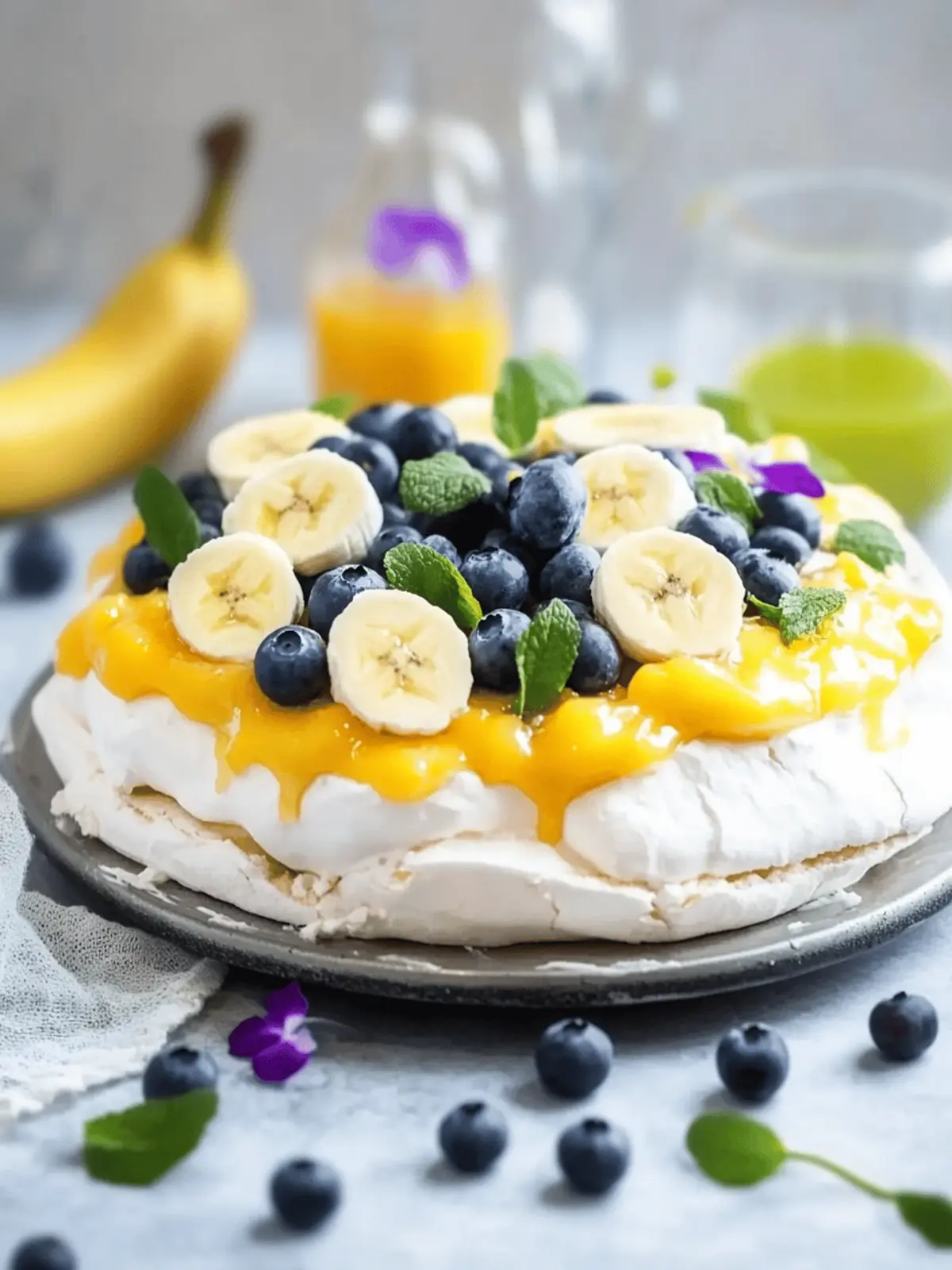 Delicious Pavlova with Mango Cream, Blueberries and Banana Bliss 3 Pavlova with mango cream, blueberries and banana