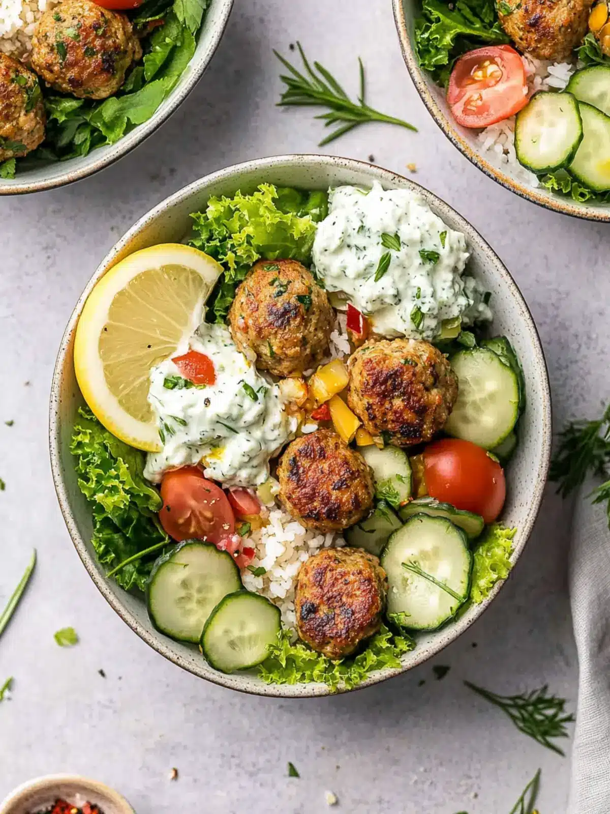 Greek Chicken Meatball Bowls with Tzatziki