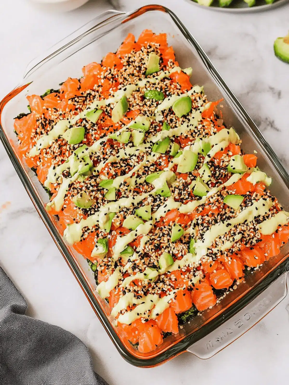 Salmon Sushi Bake with Creamy Spicy Mayo