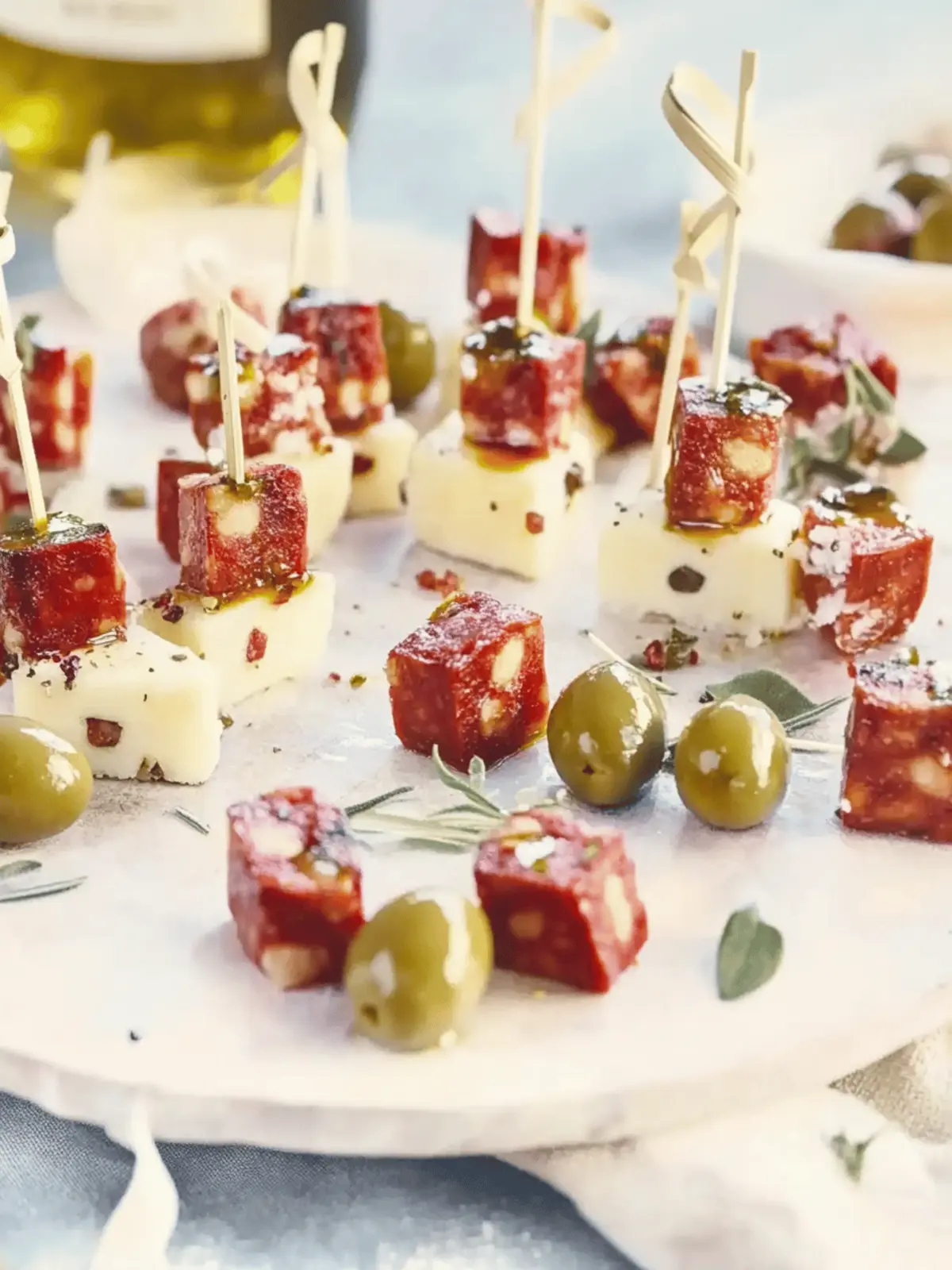 Chorizo, Manchego and Olive Skewers