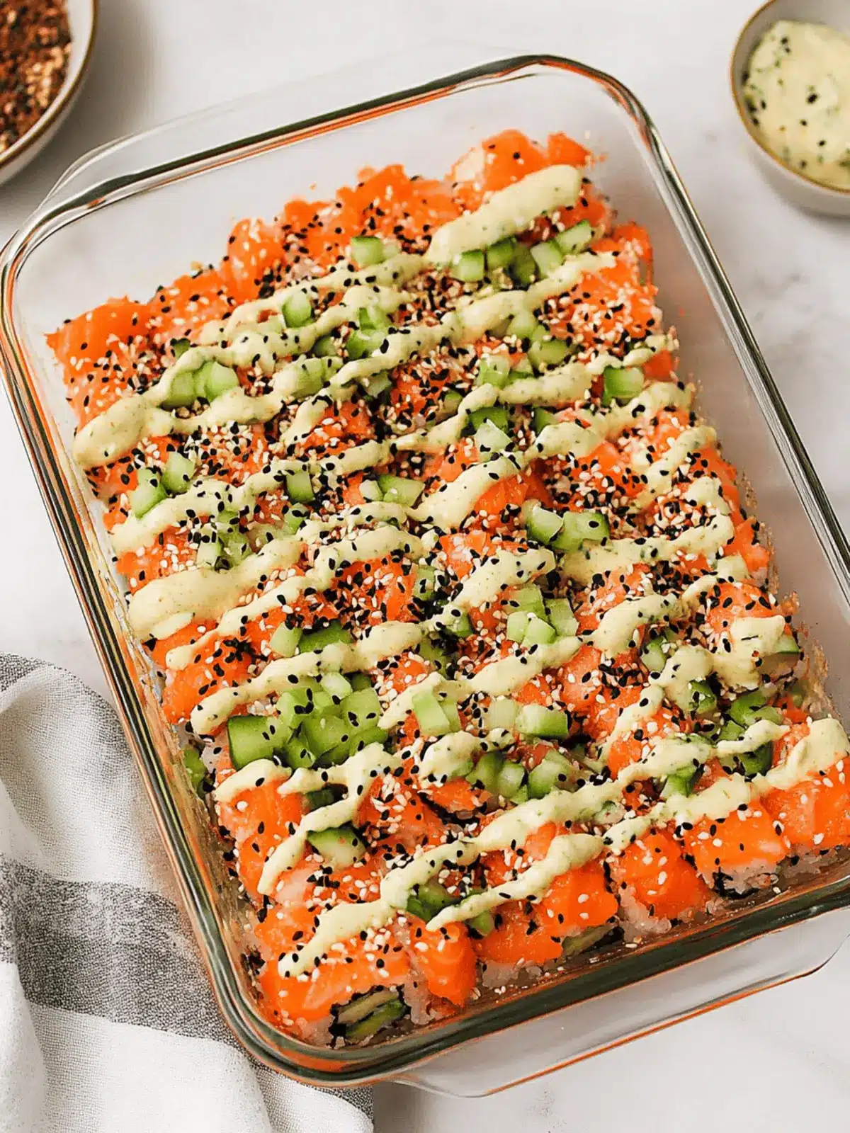 Salmon Sushi Bake with Creamy Spicy Mayo