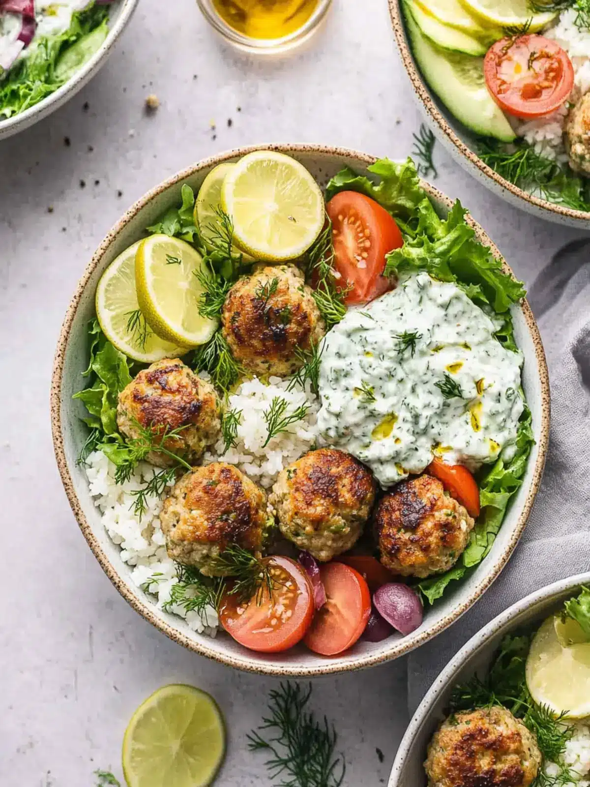 Greek Chicken Meatball Bowls with Tzatziki
