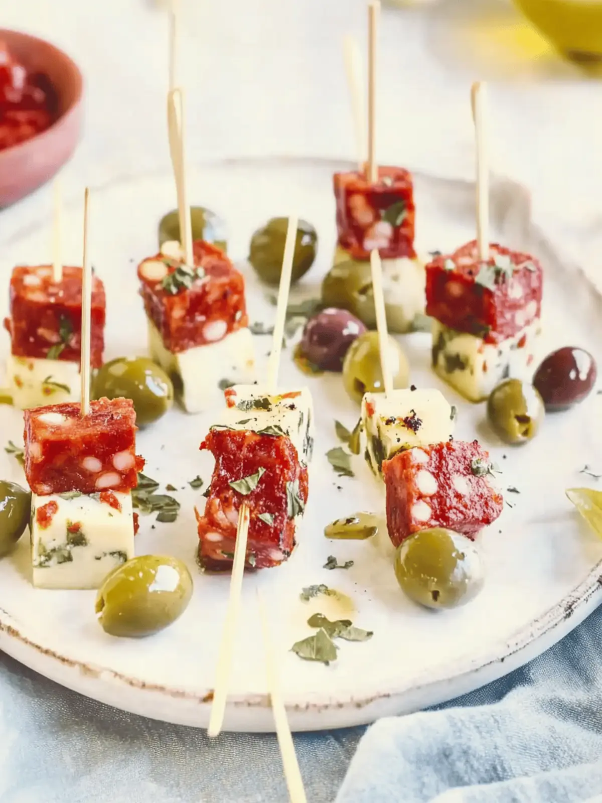 Chorizo, Manchego and Olive Skewers
