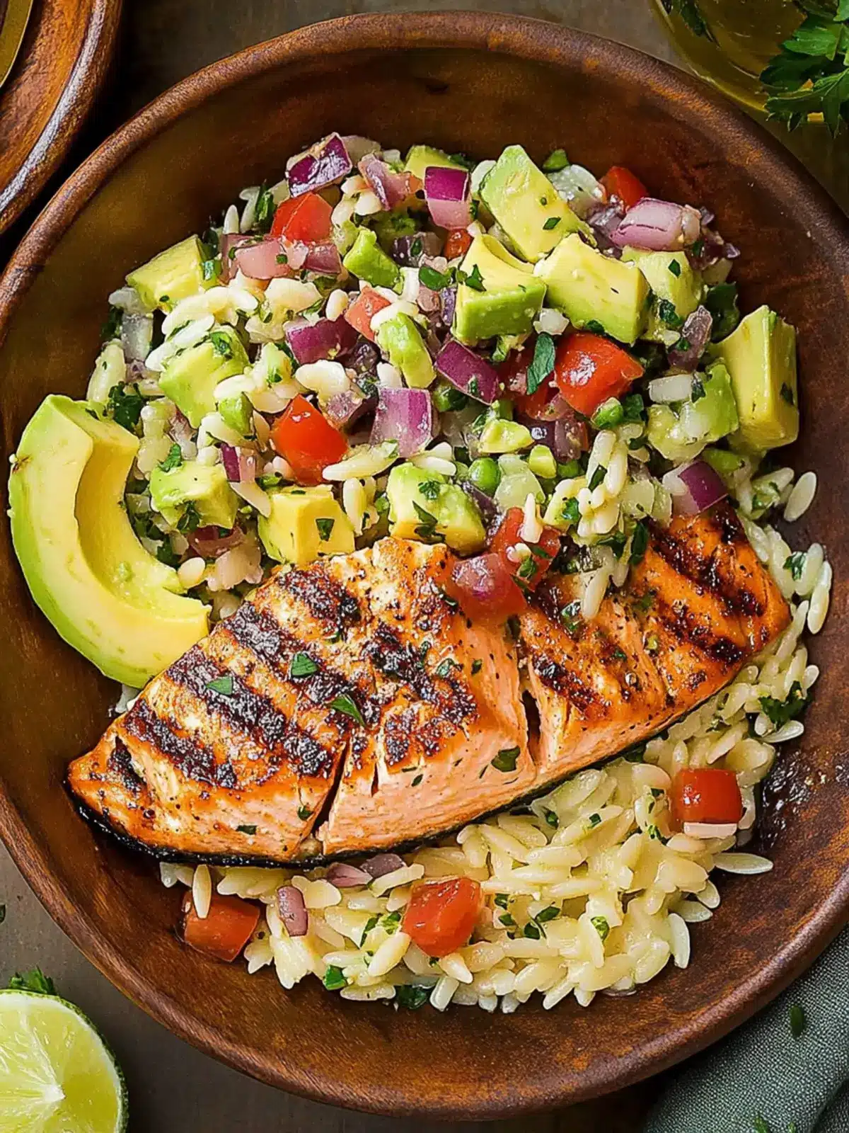 Grilled Salmon with Avocado Greek Salsa and Orzo Delight 3 Grilled Salmon with Avocado Greek Salsa and Orzo
