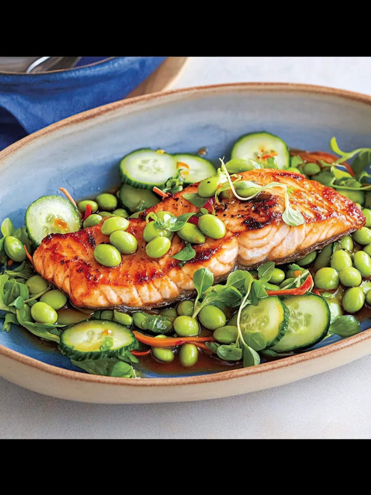Edamame and cucumber salad with fried salmon