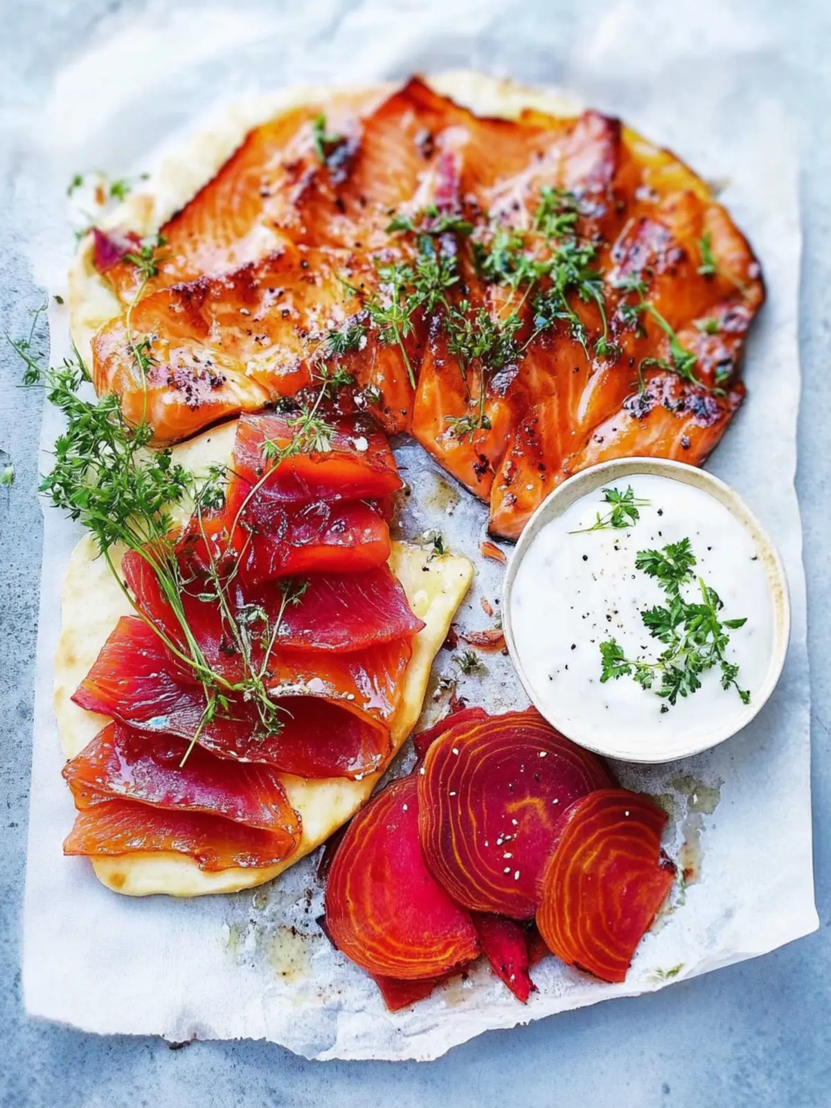 Beetroot salmon gravlax with tahini flatbread- New Year celebration food