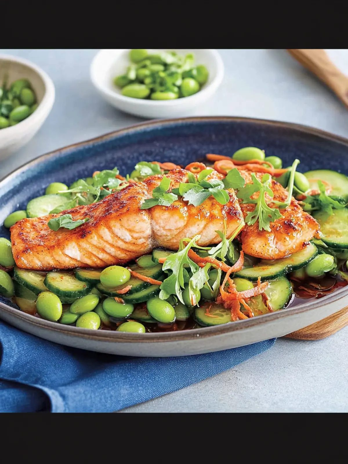 Edamame and cucumber salad with fried salmon