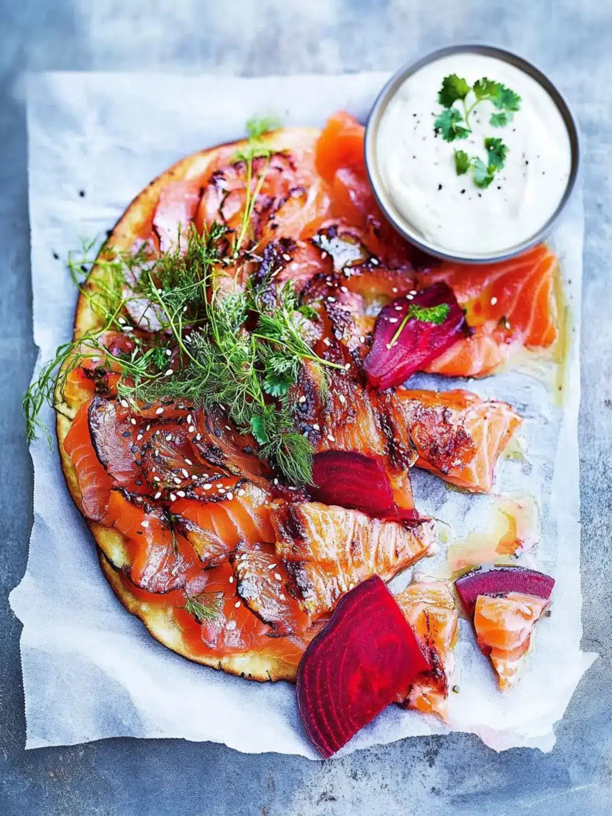 Beetroot salmon gravlax with tahini flatbread- New Year celebration food