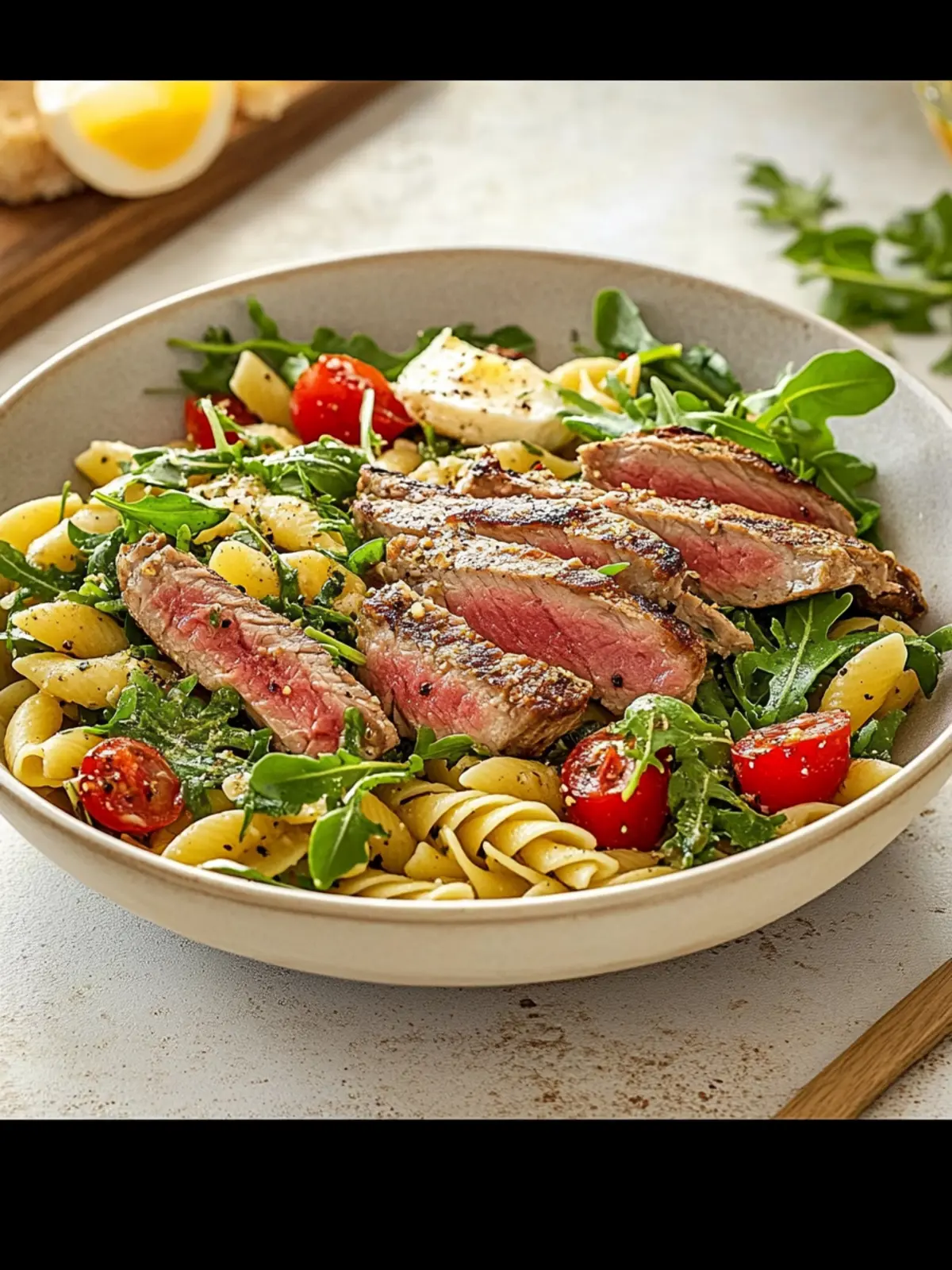 Savory Neck Steaks with Mediterranean Pasta Salad & Arugula Delight 5 Neck steaks with Mediterranean pasta salad and arugula