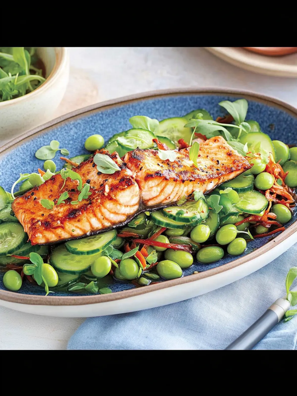 Edamame and cucumber salad with fried salmon