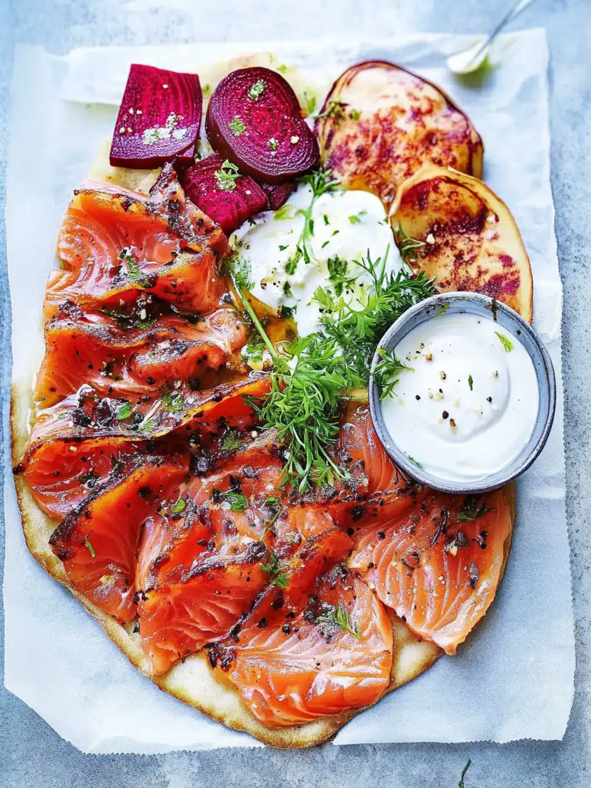 Beetroot salmon gravlax with tahini flatbread- New Year celebration food
