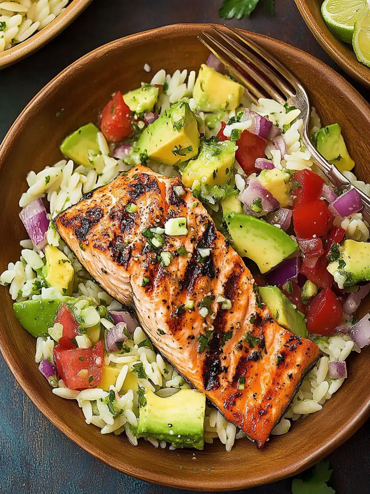 Grilled Salmon with Avocado Greek Salsa and Orzo Delight 2 Grilled Salmon with Avocado Greek Salsa and Orzo