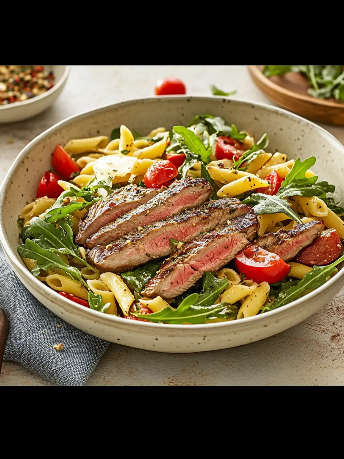 Savory Neck Steaks with Mediterranean Pasta Salad & Arugula Delight 4 Neck steaks with Mediterranean pasta salad and arugula