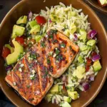Grilled Salmon with Avocado Greek Salsa and Orzo