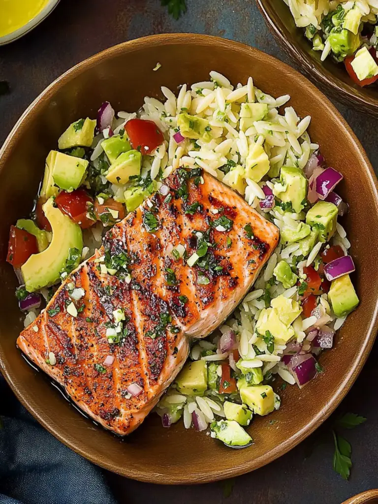 Grilled Salmon with Avocado Greek Salsa and Orzo