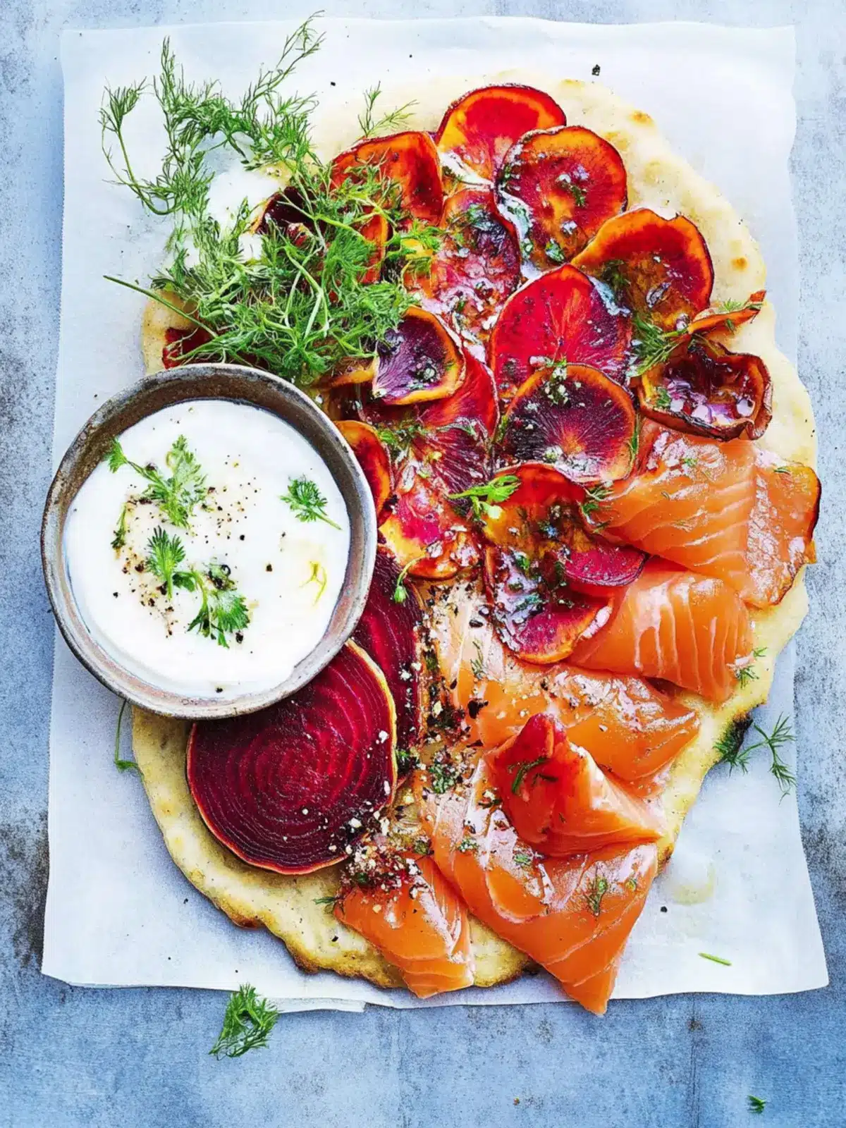 Beetroot salmon gravlax with tahini flatbread- New Year celebration food