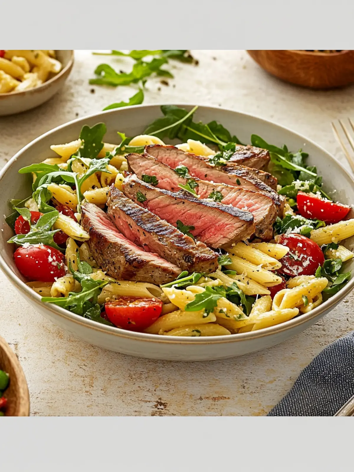 Savory Neck Steaks with Mediterranean Pasta Salad & Arugula Delight 2 Neck steaks with Mediterranean pasta salad and arugula