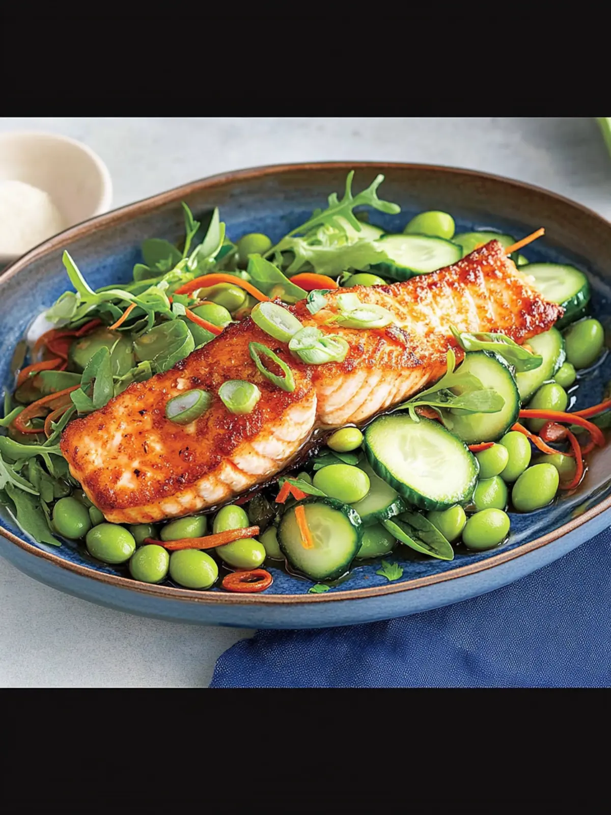 Edamame and cucumber salad with fried salmon