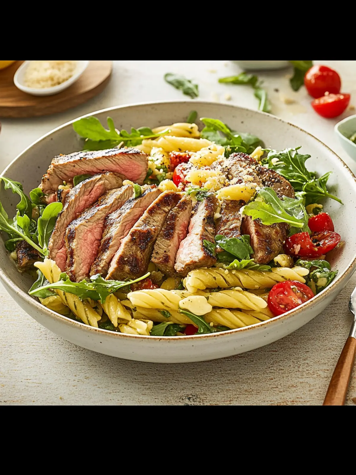 Savory Neck Steaks with Mediterranean Pasta Salad & Arugula Delight 3 Neck steaks with Mediterranean pasta salad and arugula
