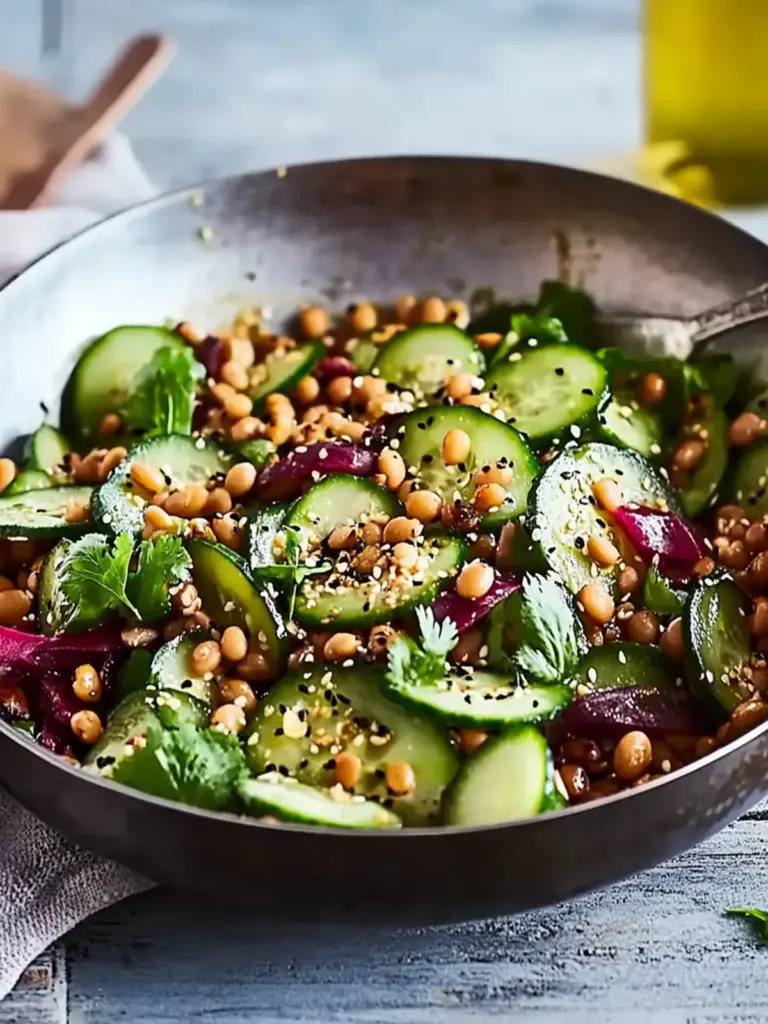 Warm tiger bean salad with cucumber and Asian dressing