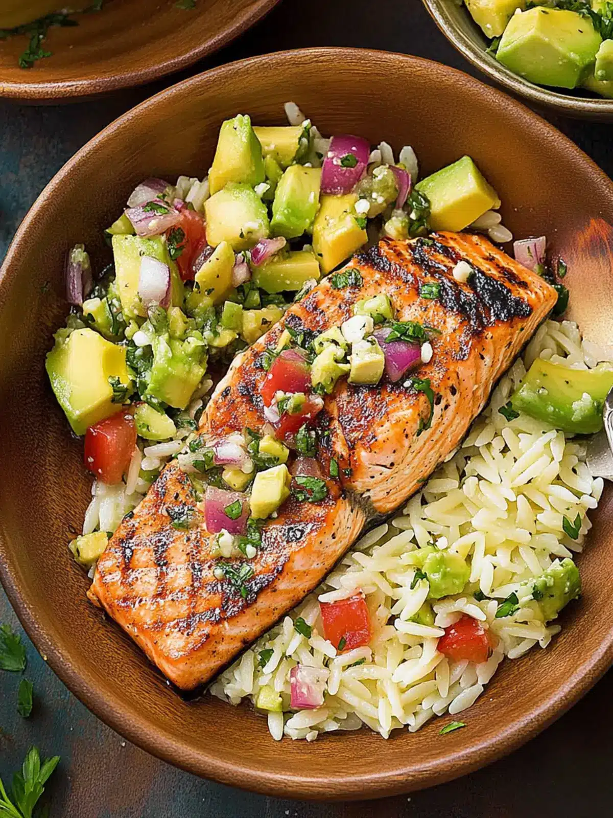 Grilled Salmon with Avocado Greek Salsa and Orzo Delight 4 Grilled Salmon with Avocado Greek Salsa and Orzo