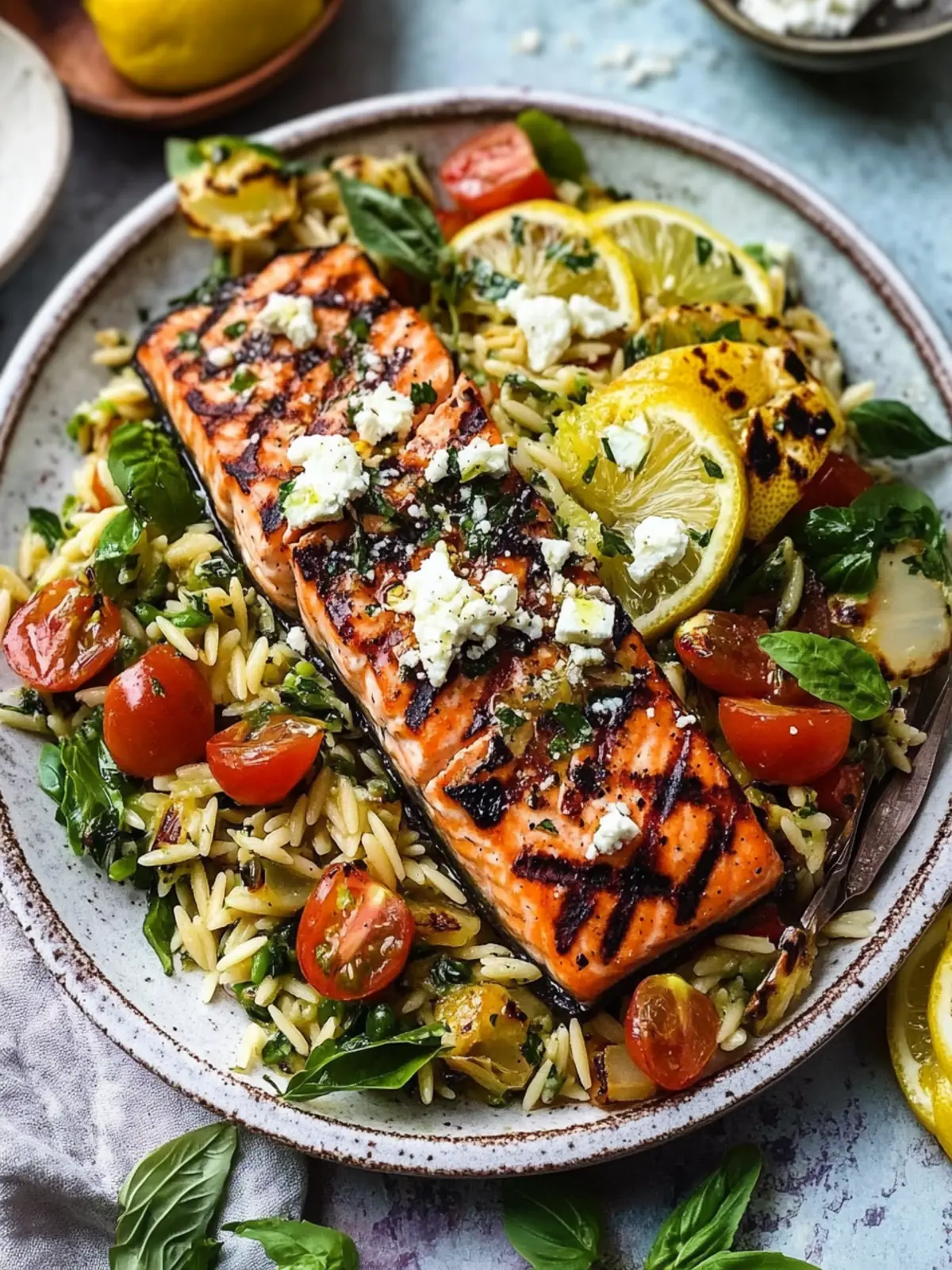Greek Salmon with Lemon Feta and Orzo Summer Salad