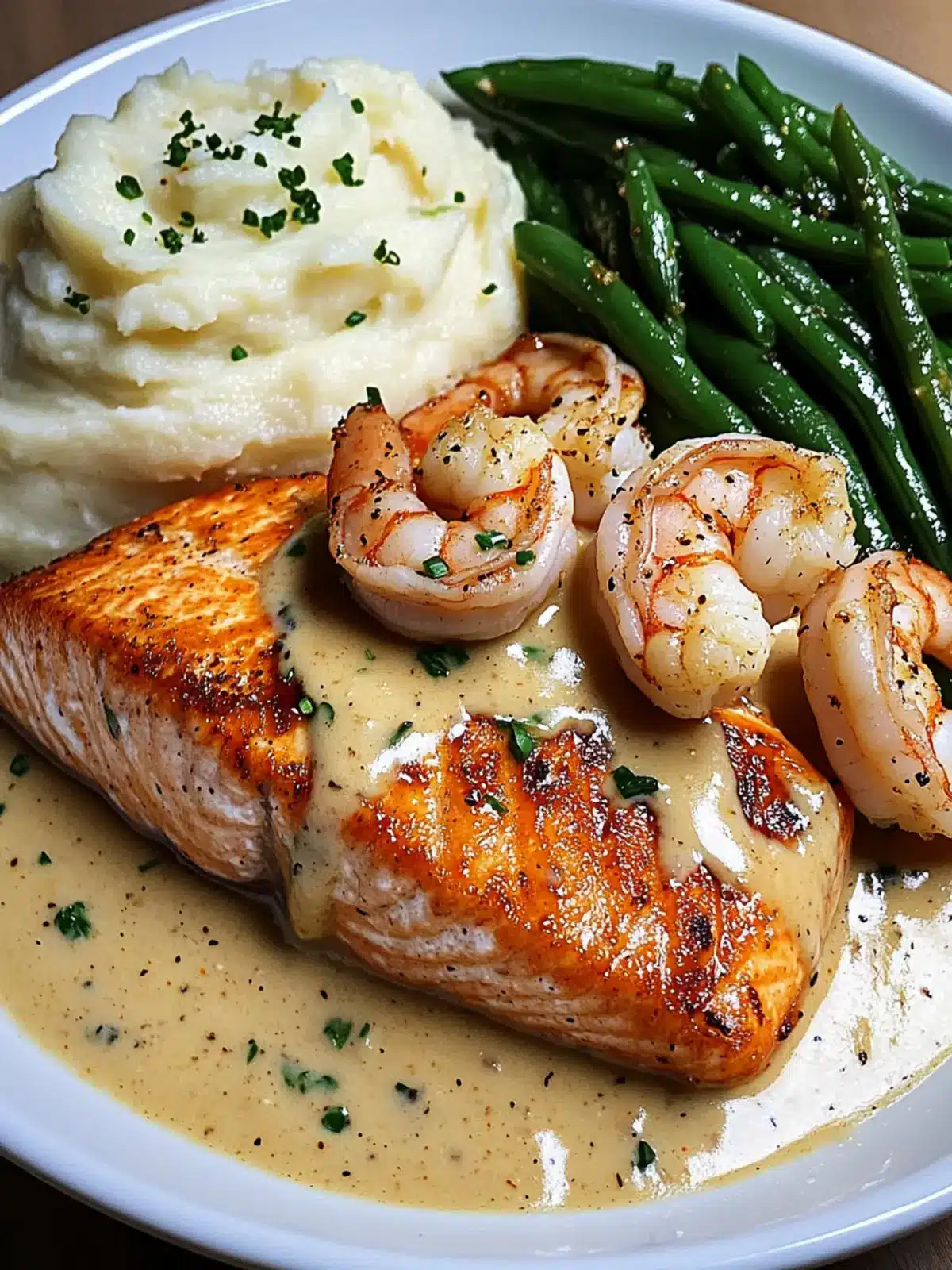 Cajun Shrimp and Salmon in Garlic Cream Sauce: Impress Tonight! 5 Cajun Shrimp and Salmon with Garlic Cream Sauce, Mashed Potatoes, and Green Beans: A Flavor-Packed Dinner to Impress