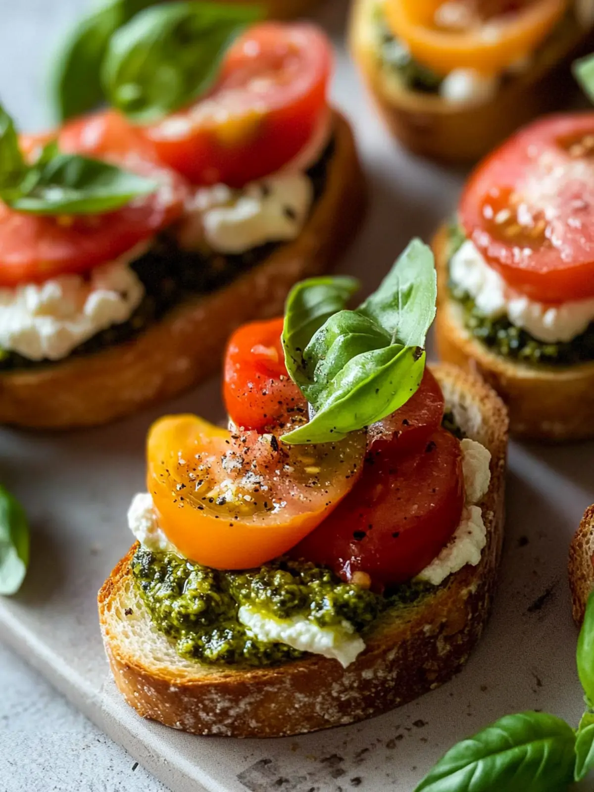 Tomato Crostini with Pesto and Ricotta- For Romantic Dinner
