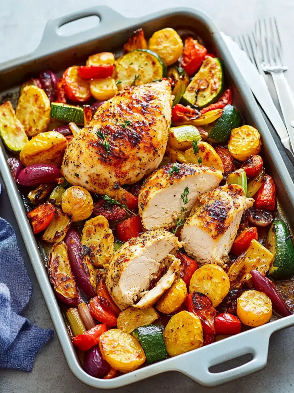 Sheet pan chicken on colorful roasted vegetables
