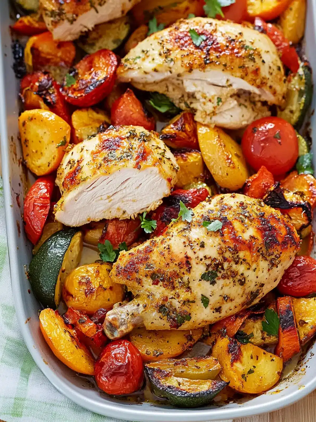 Sheet pan chicken on colorful roasted vegetables