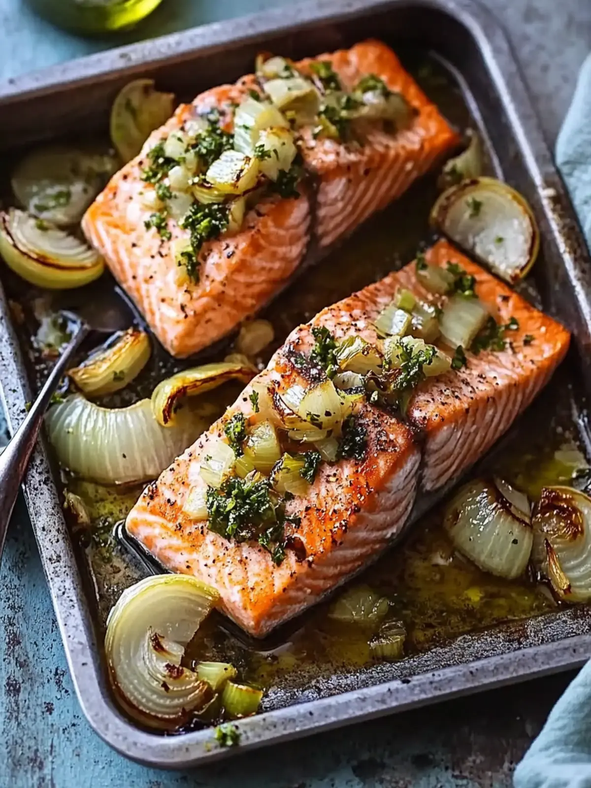 One-pan roast salmon with leeks, onions & parsley dressing- Valentine's Day Dinner Recipe