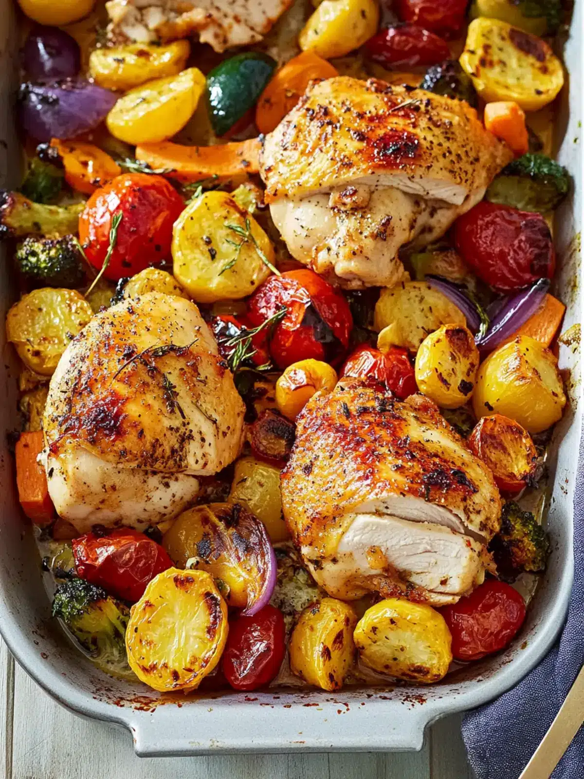 Sheet pan chicken on colorful roasted vegetables