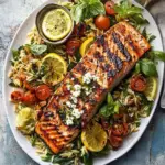 Greek Salmon with Lemon Feta and Orzo Summer Salad